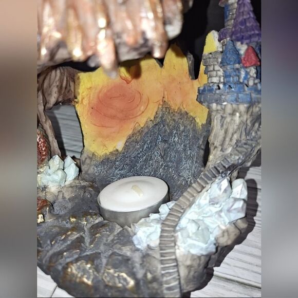 Vintage Red Gold Mythical Fantasy Perched Dragon Castle Tea Light Candle Holder - Picture 8 of 12